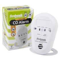 firehawk carbon monoxide alarm with 10 year sealed longlife battery next to its box