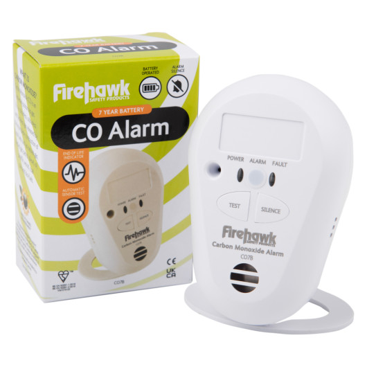 firehawk carbon monoxide alarm with 7 year sealed longlife battery shown next to its retail box