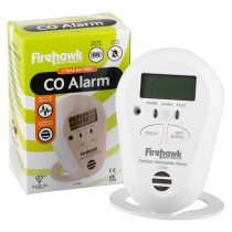 Firehawk CO7BD digital carbon monoxide alarm shown in front of its retail packaging