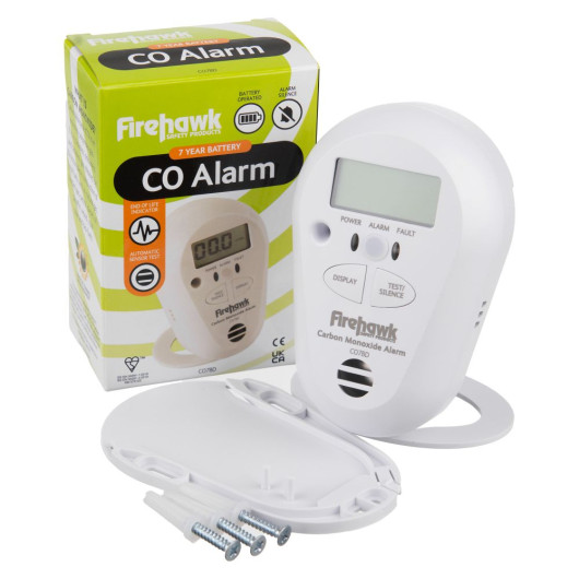 Image of Fico7Bd Firehawk Co7Bd Digital Carbon Monoxide Alarm with mounting plate, screws and product box visible