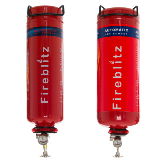 group of p1 and fifba p2 fireblitz automatic powder extinguishers in red with labels and metal valves at the bottom