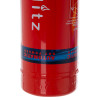 Close-up of the bottom part of the p1 fireblitz 1kg automatic powder extinguisher showing red and blue colour details