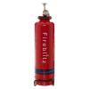 Front view of a red p1 fireblitz 1kg automatic powder extinguisher with pressure gauge and metal stand