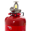 Closeup top of the p2 fireblitz 2kg automatic powder extinguisher showing the pressure gauge and valve details