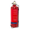 Side view of a red p2 fireblitz 2kg automatic powder extinguisher with label and metal handle