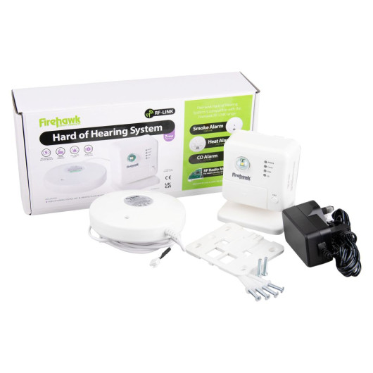 Fifh800Hia Firehawk Hard Hearing Alarm Contents showing alarm unit, mounting plate, screws, power adapter and packaging box