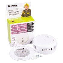 White Fifhb10 Firehawk Fhb10 Smoke Alarm with mounting plate, screws and packaging box showing a firefighter image