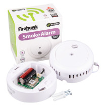 Fifhb10Rf Firehawk Fhb10Rf Rf Link Smoke Alarm showing front, open base with circuitry, screws, and packaging box