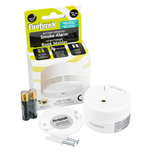 Fifhb155 Firehawk Fhb155 Midi Smoke Alarm contents showing alarm unit, batteries, mounting base, screws, and packaging box