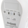Closeup of buttons and indicator lights on a Firehawk rf link carbon monoxide alarm showing display and test silence controls