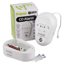 Contents of Fifhco10Rf Firehawk Co10Rf Carbon Monoxide Alarm including alarm unit, base, screws and packaging box visible