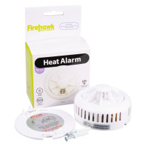 Contents of Fifhh10 Firehawk Fhh10 Heat Alarm including alarm unit, mounting base, screws and packaging box