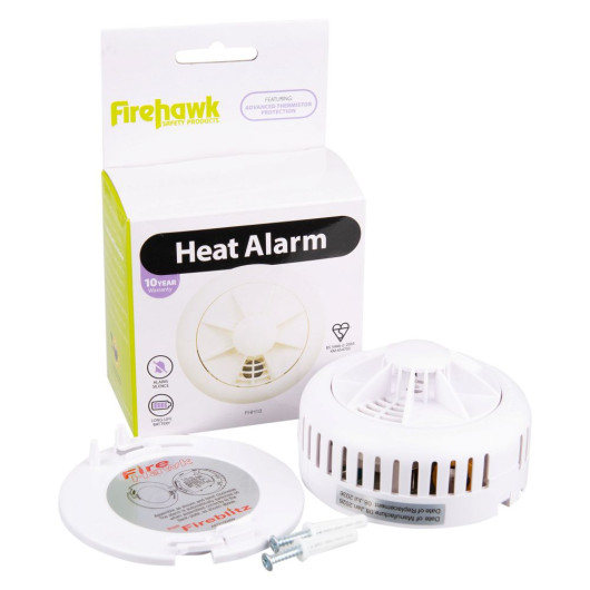 Contents of Fifhh10 Firehawk Fhh10 Heat Alarm including alarm unit, mounting base, screws and packaging box