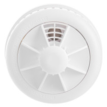 Front view of a white firehawk rf link heat alarm showing its circular design and vent openings