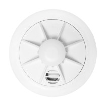 Front straight view of a round firehawk heat alarm with central sensor and vent detail