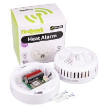 Fifhh10Rf Firehawk Fhh10Rf Rf Link Heat Alarm contents showing alarm parts, battery, fixing screws and packaging box