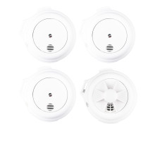 White Firehawk Mains Powered 3 Smoke 1 Heat Alarms Firehawk Kit showing front and back views of the alarms