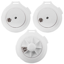 Close-up of three white mains powered 2 smoke 1 heat alarms Firehawk kit group devices showing their front and back details