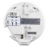 firehawk mains smoke alarm alkaline battery backup showing the circular white plastic base with wiring terminals and warning labels
