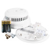 firehawk mains smoke alarm alkaline battery backup showing the alarm device batteries screws and mounting plate laid out on a white background