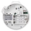Back view of firehawk mains smoke alarm alkaline battery showing battery compartment and label information