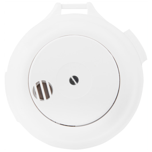 Front view of the firehawk mains smoke alarm alkaline battery showing a round white device with a small vent area