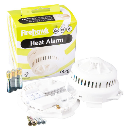 Fifhn450Bb Firehawk Fnh450Bb Mains Replacement Alkaline Battery Heat Alarm with packaging screws and batteries shown