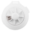 Front view of firehawk mains heat alarm alkaline battery backup showing circular white device with vents and button in the centre