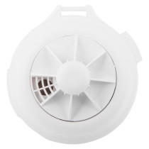 Front view of firehawk mains heat alarm alkaline battery backup showing circular white device with vents and button in the centre