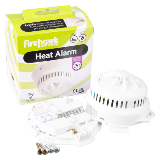 Box packaging and components of the Fifhn450Rb Firehawk Fnh450Rb Mains Sealed Lithium Battery Heat Alarm Contents displayed
