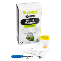 Box and contents of the Fifhn600Rf Firehawk Rf Module showing the module, screwdriver and screw