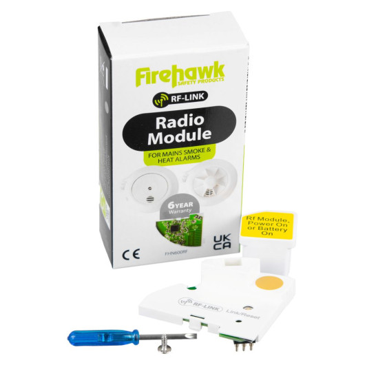 Box and contents of the Fifhn600Rf Firehawk Rf Module showing the module, screwdriver and screw