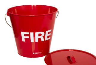 A red fire bucket with the word 