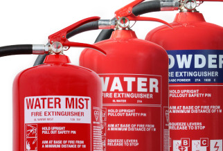 A group of fire extinguishers