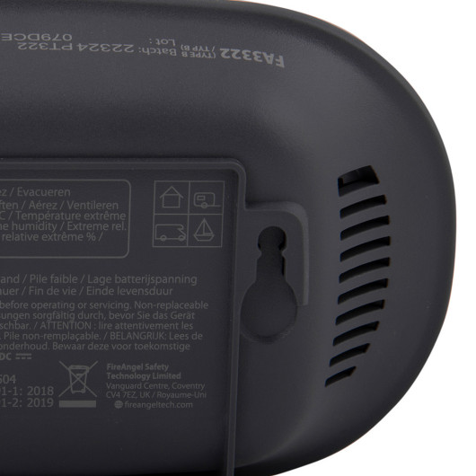 Back close view of Fireangel Fafa3322 Digital Carbon Monoxide Alarm showing mounting slot and warning labels