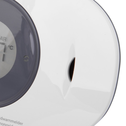 Close-up image of the Fireangel Fafa3322 Digital Carbon Monoxide Alarm siren showing part of the white casing and display