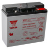 angled view of a 12v battery fire alarm panel psu showing the battery casing with labels and terminals on top
