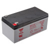 Angled view of a 12v battery fire alarm panel psu with a grey body and black top showing labelled terminals