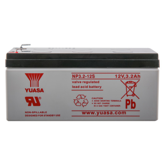 front view of a 12v battery fire alarm panel psu showing label details and top with terminals