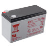 Angled view of a 12v battery fire alarm panel psu showing the black top and grey body with red text and connectors