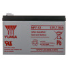 Front view of a 12v battery fire alarm panel PSU showing brand, model, and safety information in red text on a grey case