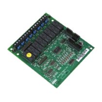 Angled view of an 8 way input output card showing green circuit board with black and blue components