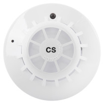 Front view of apollo series 65 cs high temperature heat detector showing the circular white device face with vents and markings