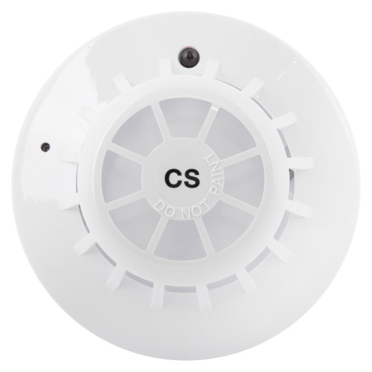 Front view of apollo series 65 cs high temperature heat detector showing the circular white device face with vents and markings