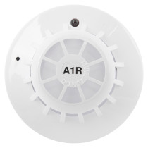 Front view of the apollo series 65 a1r heat detector showing the circular white unit with grid design and text A1R in the centre