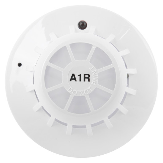 Front view of the apollo series 65 a1r heat detector showing the circular white unit with grid design and text A1R in the centre