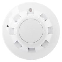Front view of the apollo series 65 optical smoke alarm showing circular design with vents and central button