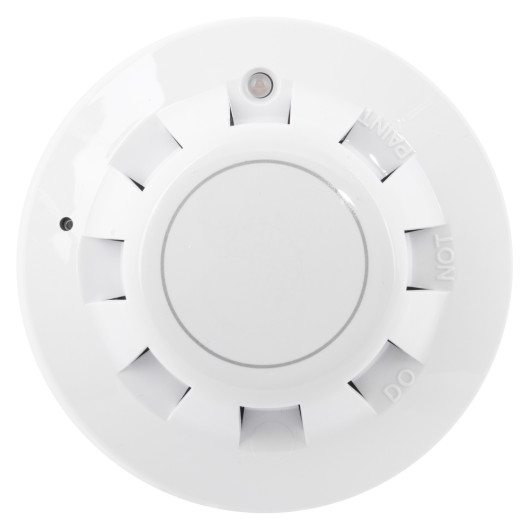 Front view of the apollo series 65 optical smoke alarm showing circular design with vents and central button