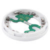 angled view of the apollo series 65 sav wire detector base showing white circular frame with green circuit board and metal connectors