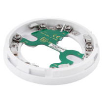 angled view of the apollo series 65 sav wire detector base showing white circular frame with green circuit board and metal connectors